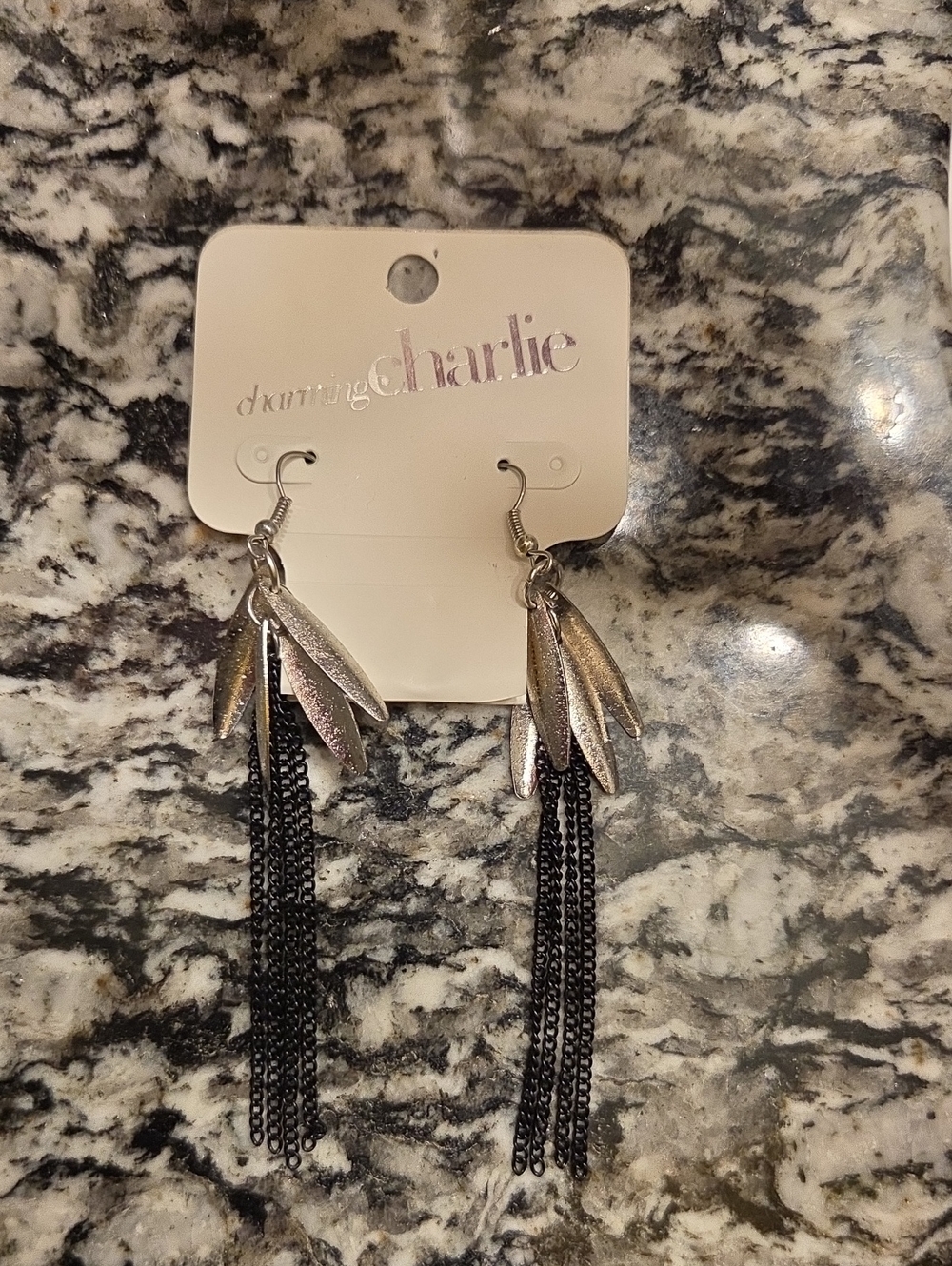 Charming Charlie Silver Leaf Tassel Drop Earrings - Black & Silver